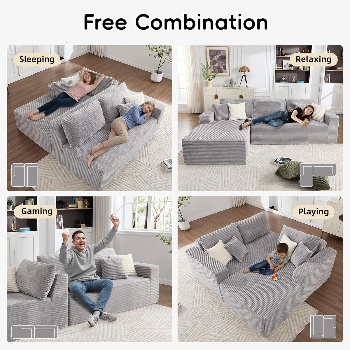 108 Inch Grey Upholstered Modular Sectional Chaise by ShipItFurniture