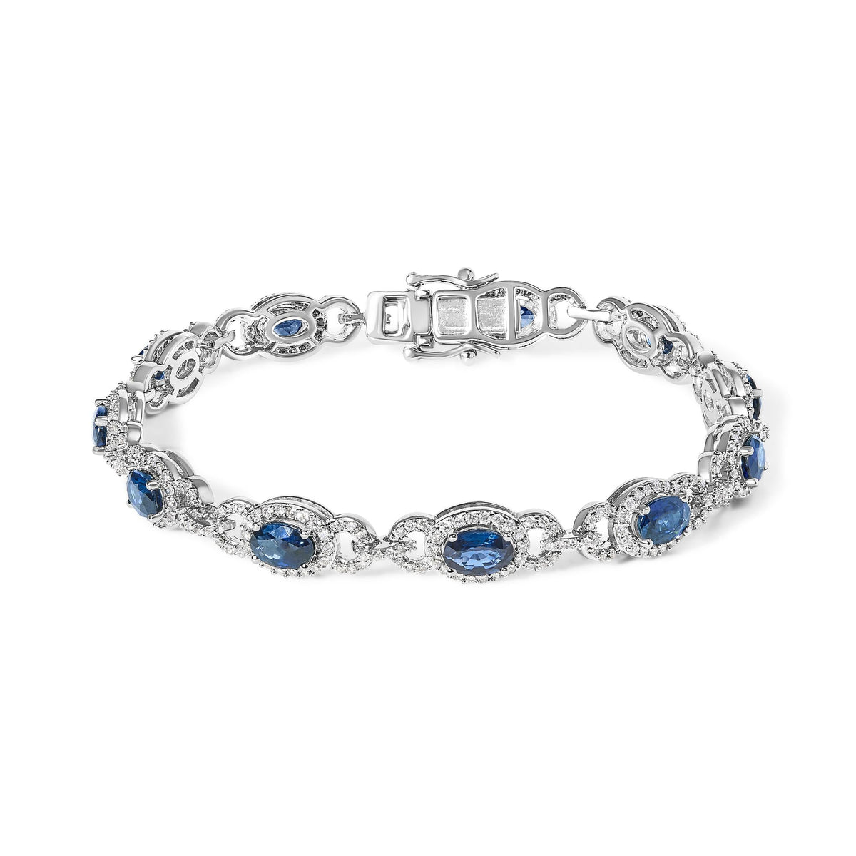 14K White Gold Vintage-Inspired Oval Blue Sapphire & Diamond Link Bracelet by Infinite Jewels