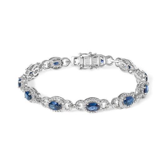 14K White Gold Vintage-Inspired Oval Blue Sapphire & Diamond Link Bracelet by Infinite Jewels