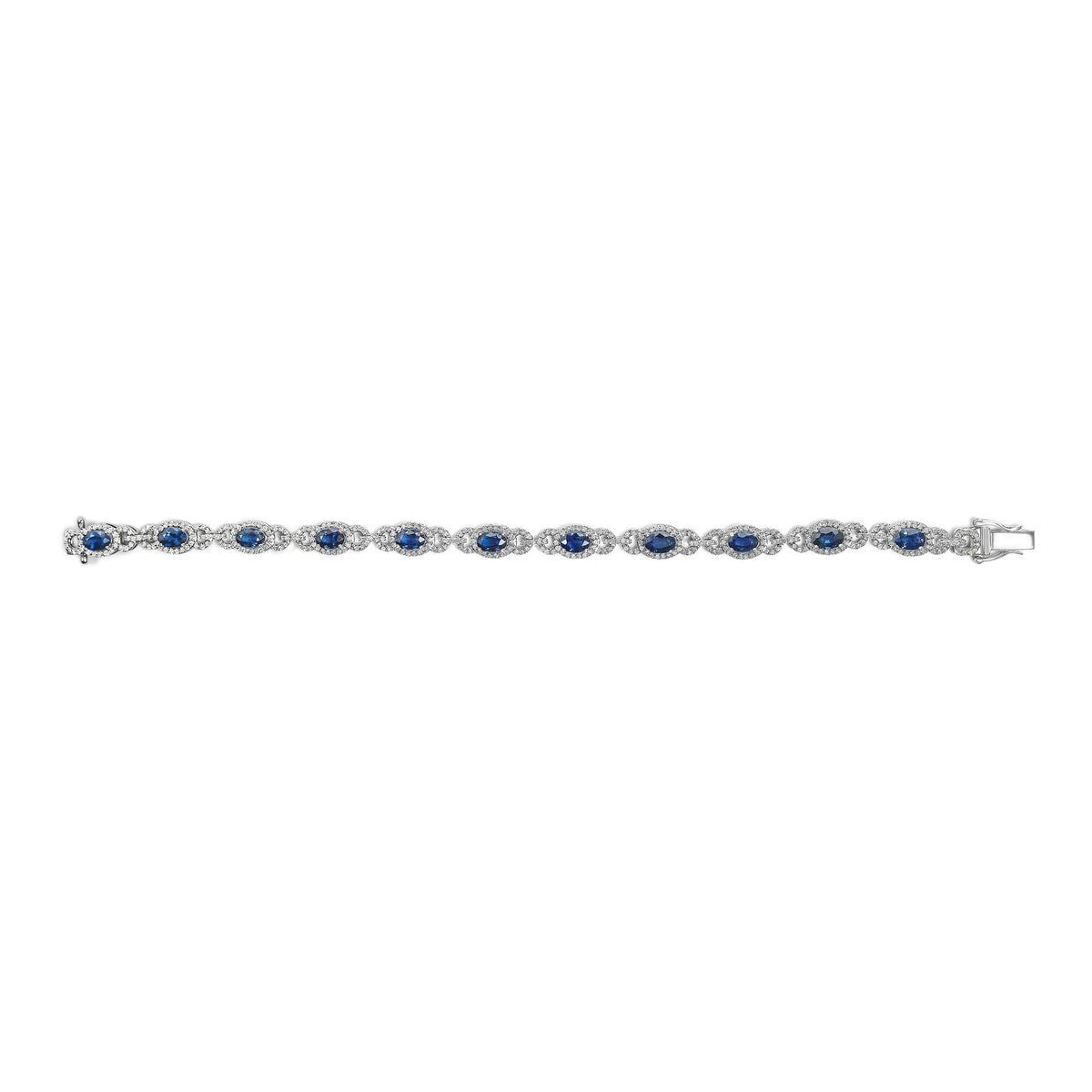 14K White Gold Vintage-Inspired Oval Blue Sapphire & Diamond Link Bracelet by Infinite Jewels