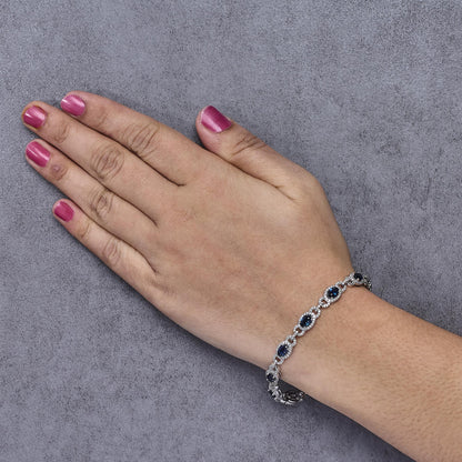 14K White Gold Vintage-Inspired Oval Blue Sapphire & Diamond Link Bracelet by Infinite Jewels