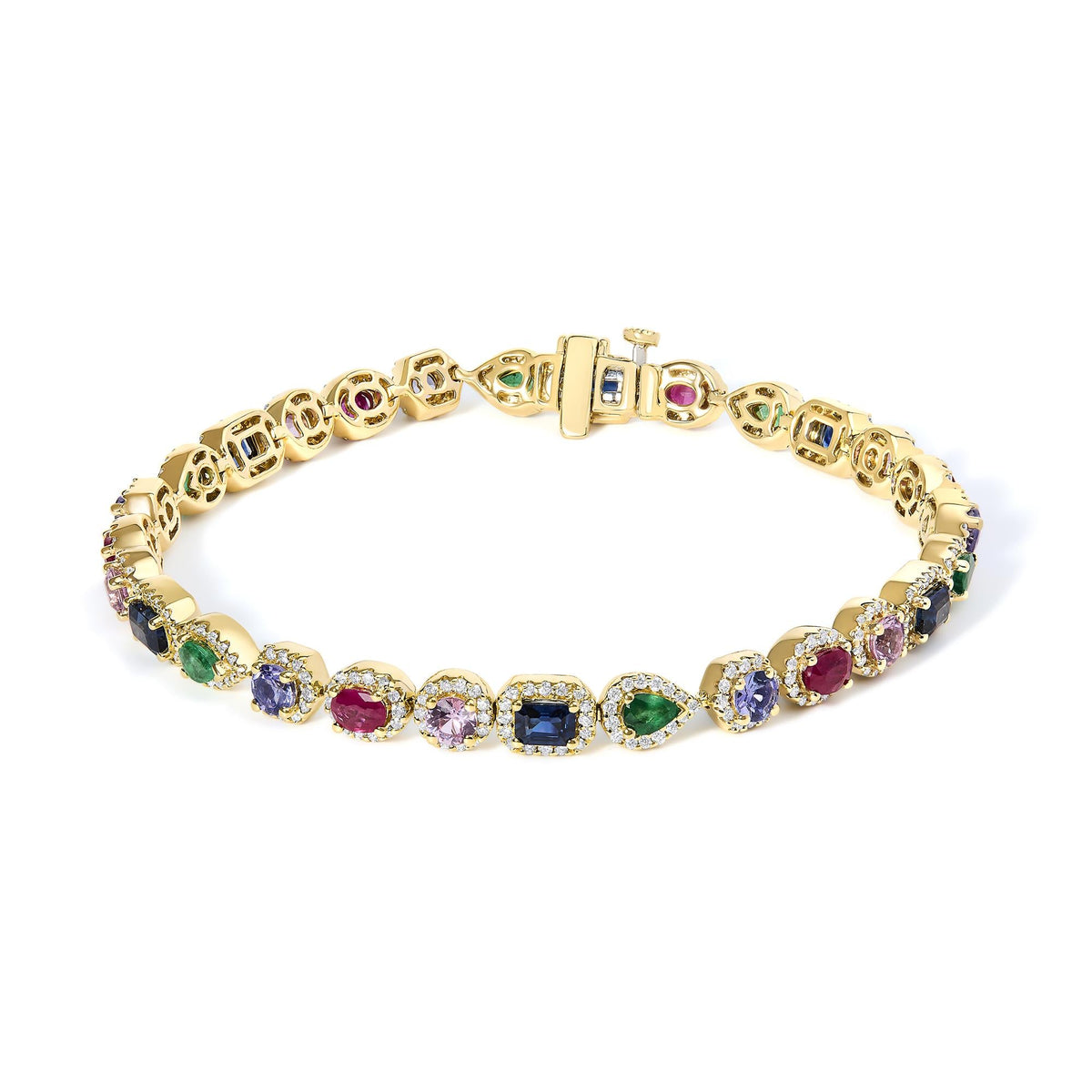 14K Yellow Gold Multi-Gemstone and Diamond Halo Rainbow Tennis Bracelet by Infinite Jewels