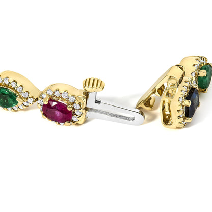 14K Yellow Gold Multi-Gemstone and Diamond Halo Rainbow Tennis Bracelet by Infinite Jewels