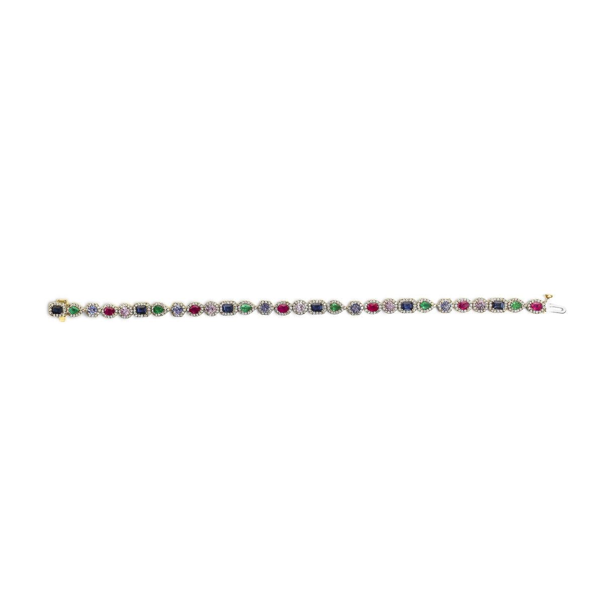 14K Yellow Gold Multi-Gemstone and Diamond Halo Rainbow Tennis Bracelet by Infinite Jewels