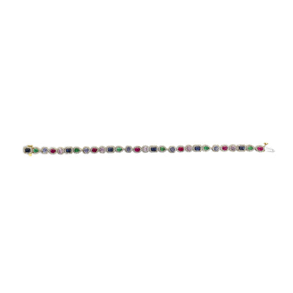 14K Yellow Gold Multi-Gemstone and Diamond Halo Rainbow Tennis Bracelet by Infinite Jewels
