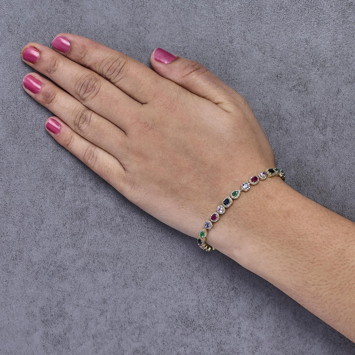 14K Yellow Gold Multi-Gemstone and Diamond Halo Rainbow Tennis Bracelet by Infinite Jewels