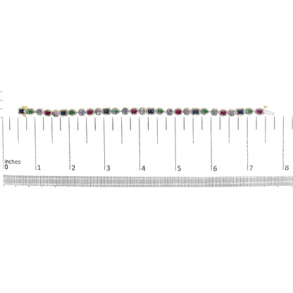 14K Yellow Gold Multi-Gemstone and Diamond Halo Rainbow Tennis Bracelet by Infinite Jewels