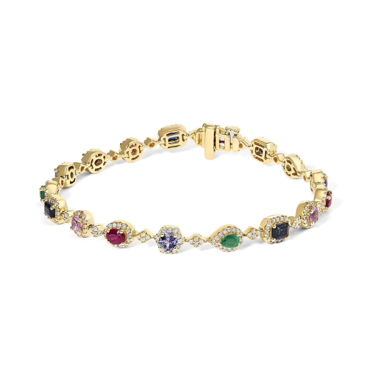14K Yellow Gold Multi-Gemstone and Diamond Halo Rainbow Link Bracelet by Infinite Jewels