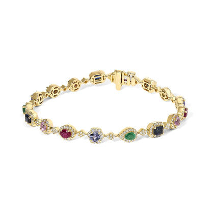 14K Yellow Gold Multi-Gemstone and Diamond Halo Rainbow Link Bracelet by Infinite Jewels