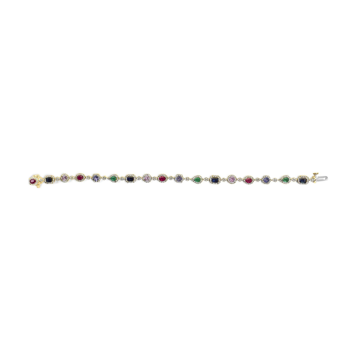 14K Yellow Gold Multi-Gemstone and Diamond Halo Rainbow Link Bracelet by Infinite Jewels