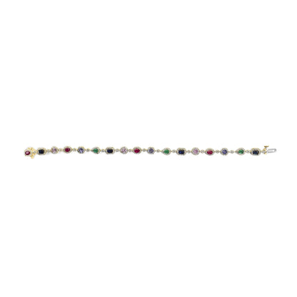 14K Yellow Gold Multi-Gemstone and Diamond Halo Rainbow Link Bracelet by Infinite Jewels