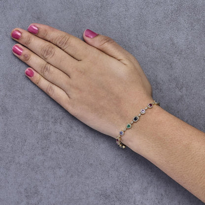 14K Yellow Gold Multi-Gemstone and Diamond Halo Rainbow Link Bracelet by Infinite Jewels