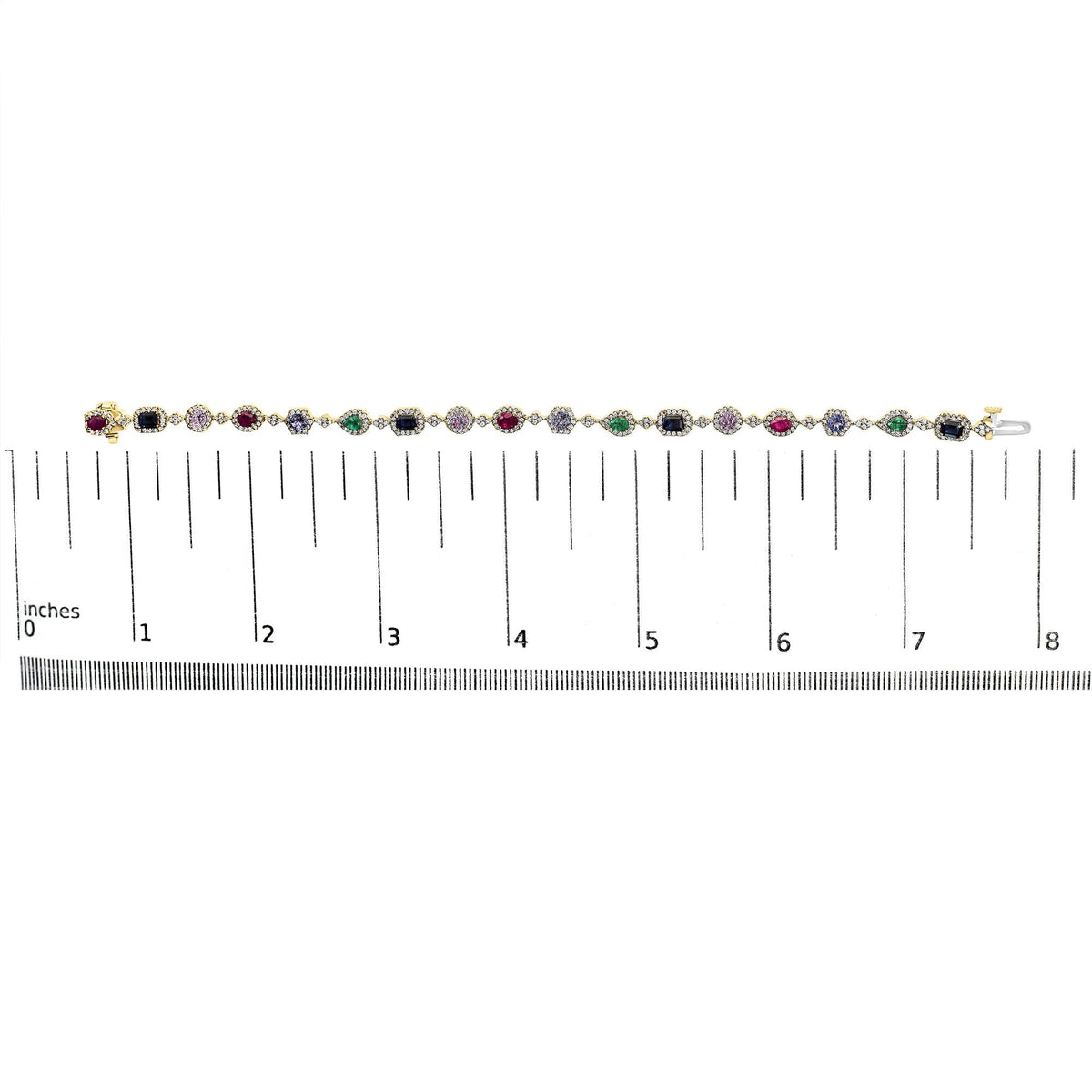 14K Yellow Gold Multi-Gemstone and Diamond Halo Rainbow Link Bracelet by Infinite Jewels
