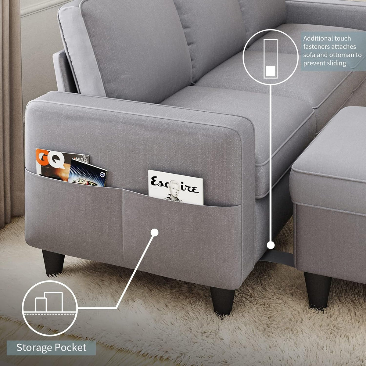 Contemporary Gray Sectional Sofa With Storage Ottoman by ShipItFurniture