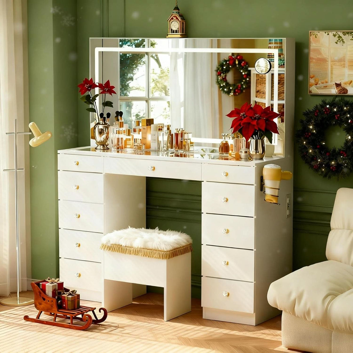 Elegant Translucent White Glass Vanity Desk Storage by ShipItFurniture