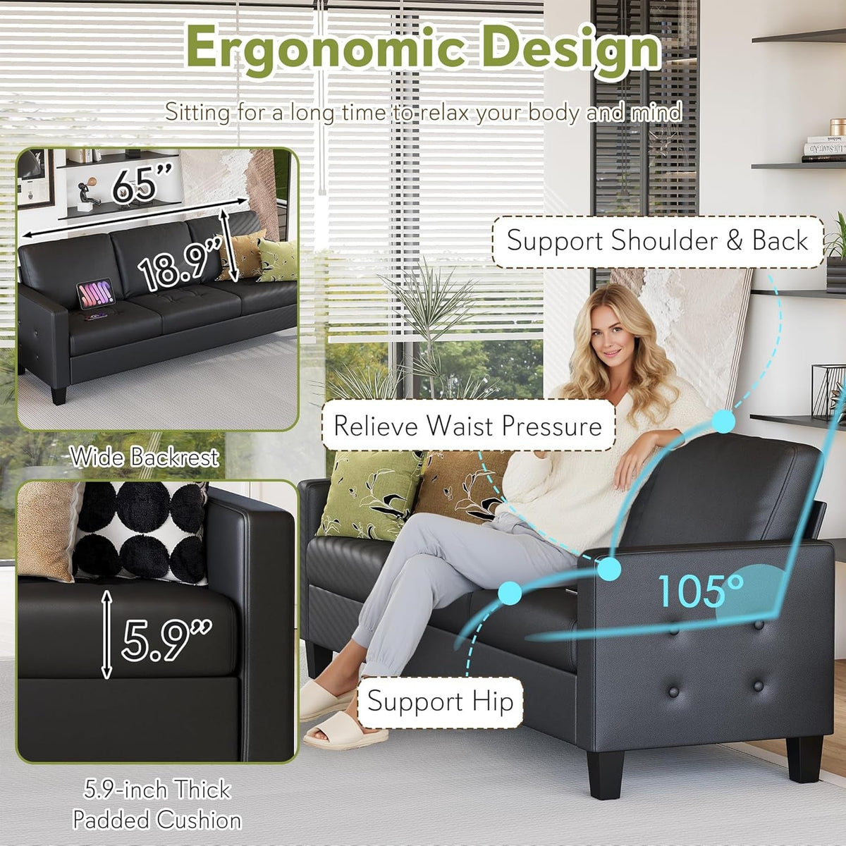 Black Seventy ThreeInch Three Seater Sofa For Living Room by ShipItFurniture