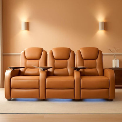 Orange Top Grain Leather Home Theater Seating Row Of Three USB Charger by ShipItFurniture