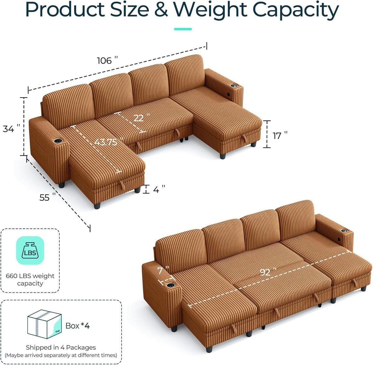Brown UShaped Convertible Sectional Sofa Bed USBPort by ShipItFurniture