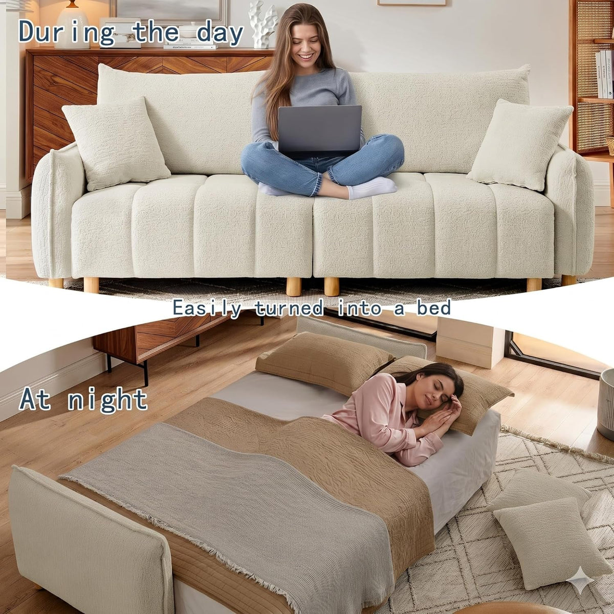 Cream Chenille Sleeper Sofa Bed With Expanded Storage by ShipItFurniture