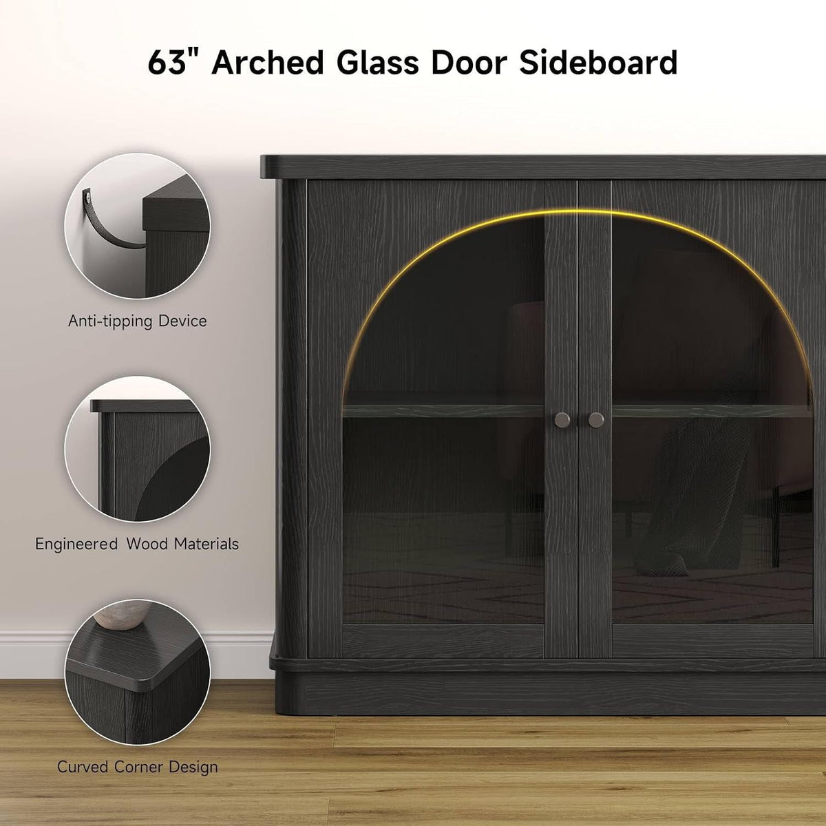 63Inch Black Sideboard Buffet Cabinet Glass Doors Modern by ShipItFurniture