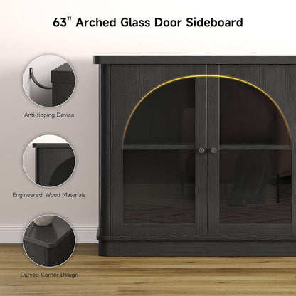 63Inch Black Sideboard Buffet Cabinet Glass Doors Modern by ShipItFurniture