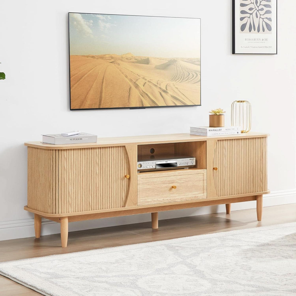 Natural Finish Entertainment Console With Sliding Door by ShipItFurniture