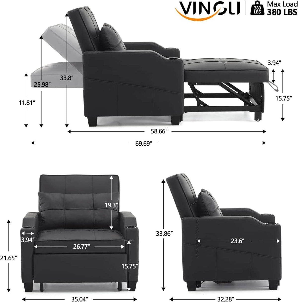 Black Multifunctional Sleeper Chair Sofa Bed Usb Ports by ShipItFurniture
