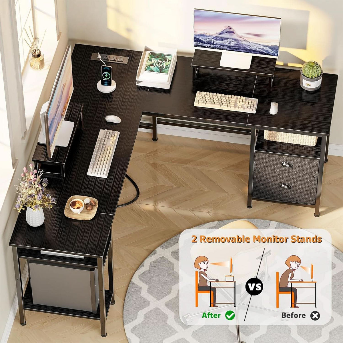 Fifty Nine Inch L Shaped Desk With Black Storage Drawers Unit by ShipItFurniture