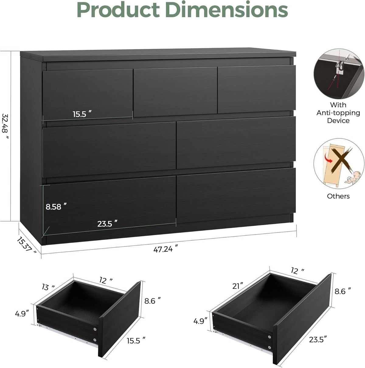Black Seven Drawer Contemporary Wooden Dresser Bedroom by ShipItFurniture