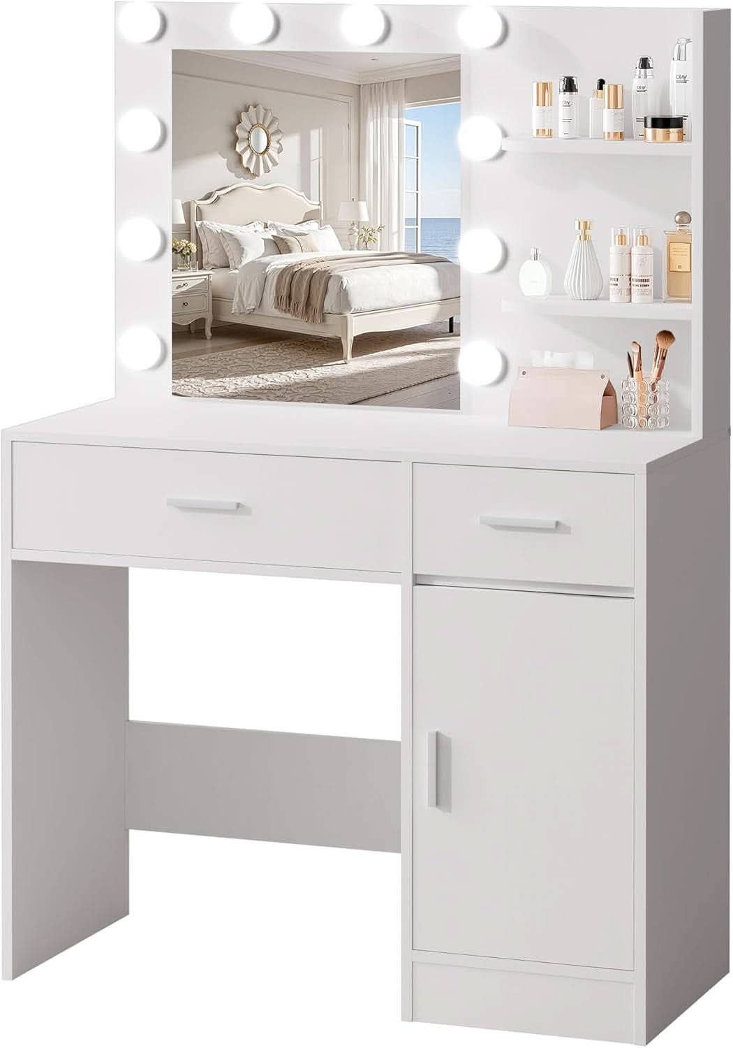 Luxurious White Vanity Desk Featuring Dimmable Mirror by ShipItFurniture