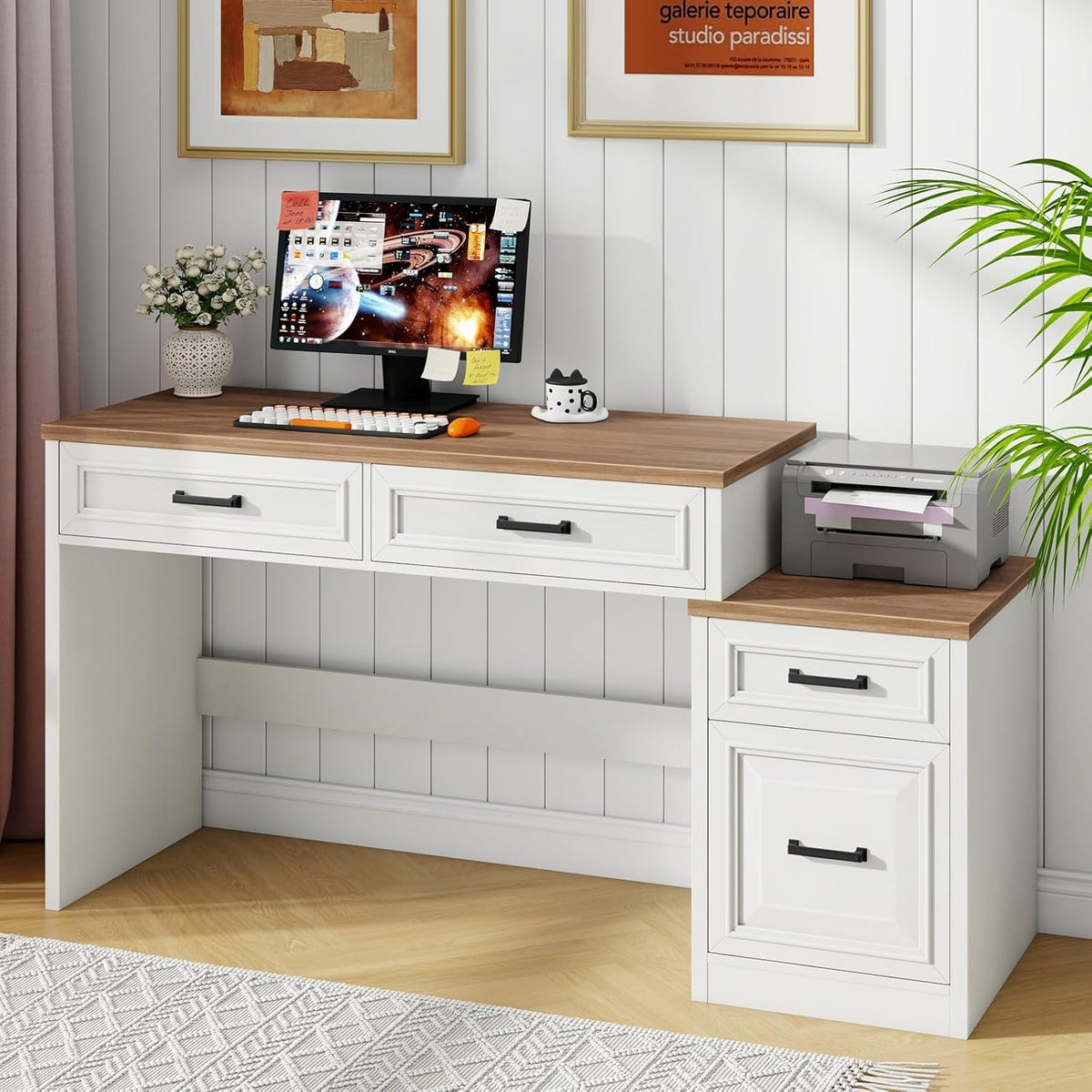 61 Inch Distressed Farmhouse Computer Desk Storage by ShipItFurniture