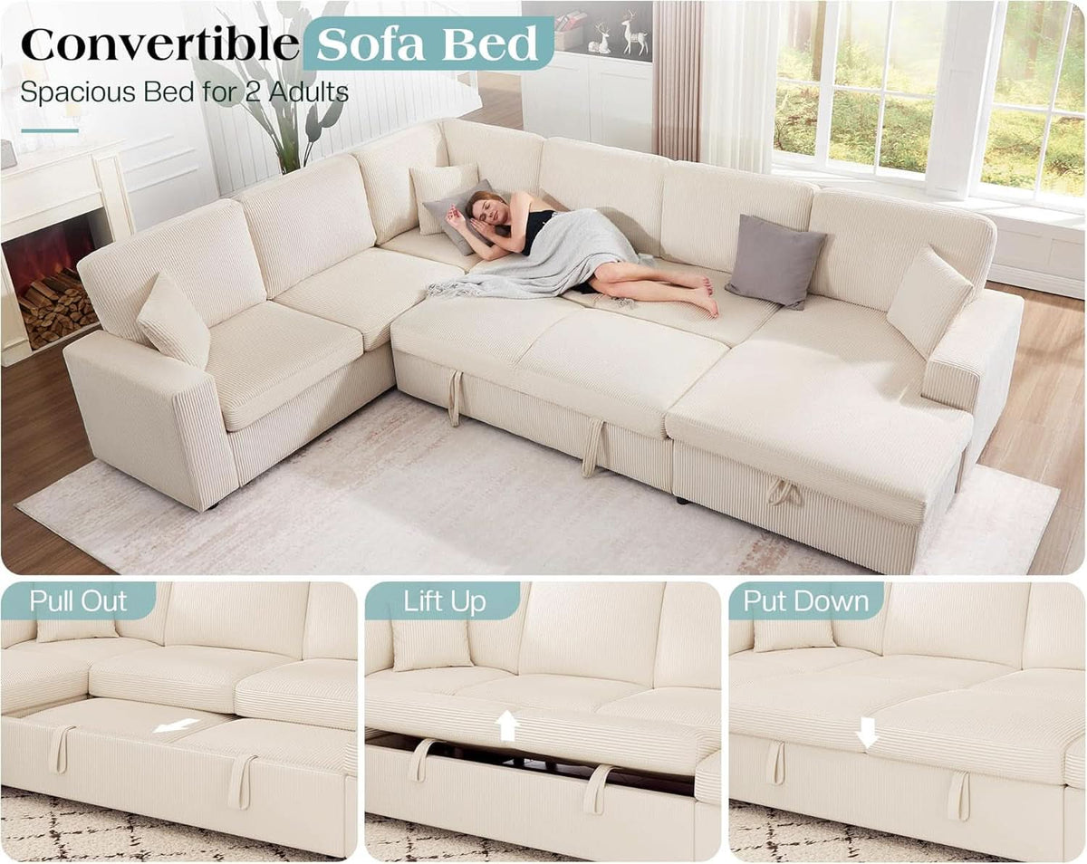 130 Inch Beige Corduroy Sectional Sofa Bed Storage Compartment by ShipItFurniture