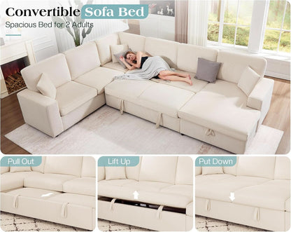 130 Inch Beige Corduroy Sectional Sofa Bed Storage Compartment by ShipItFurniture