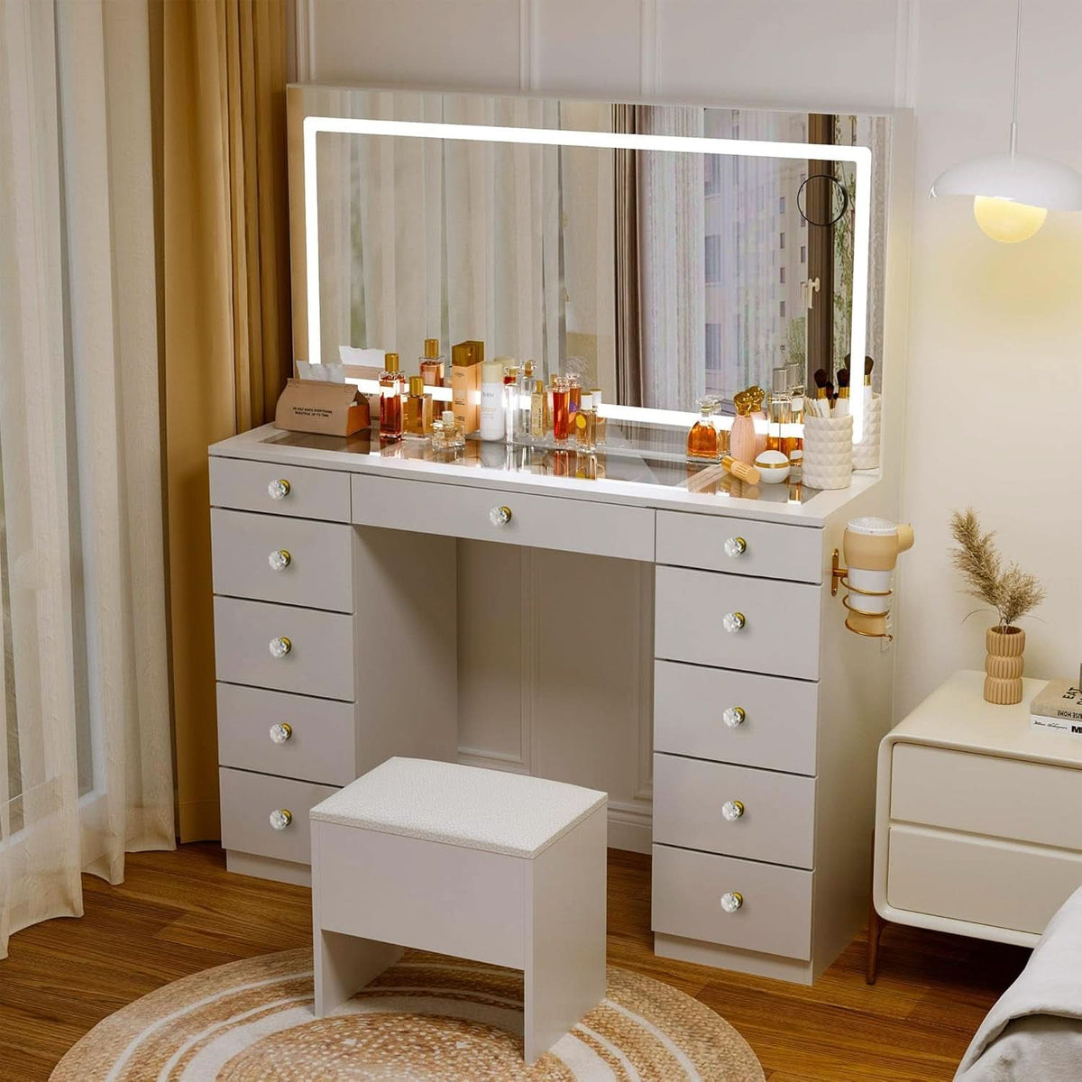 Elegant Translucent White Glass Vanity Desk Storage by ShipItFurniture