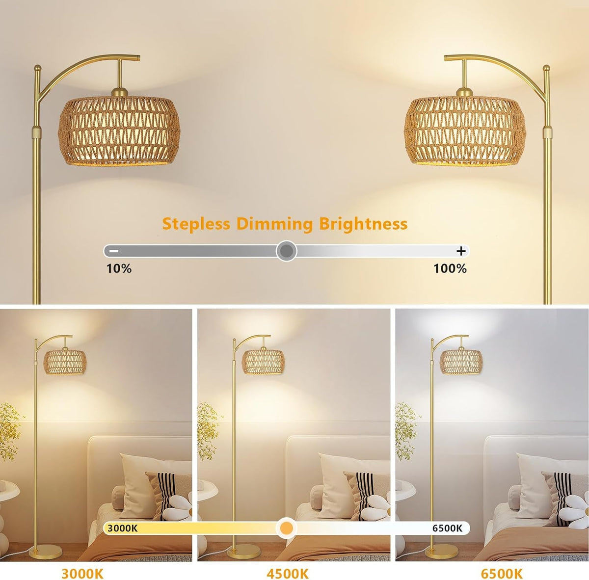 Arc Floor Lamp Timeless Brass Finish Remote Dimmable by ShipItFurniture