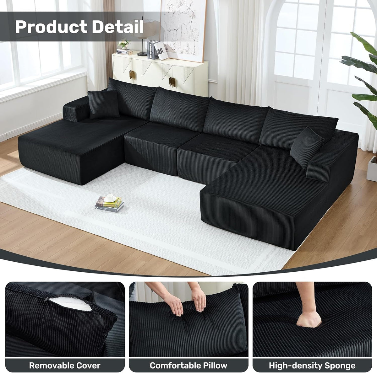 Corduroy Black UShaped 146Inch Modular Sectional Sofa by ShipItFurniture