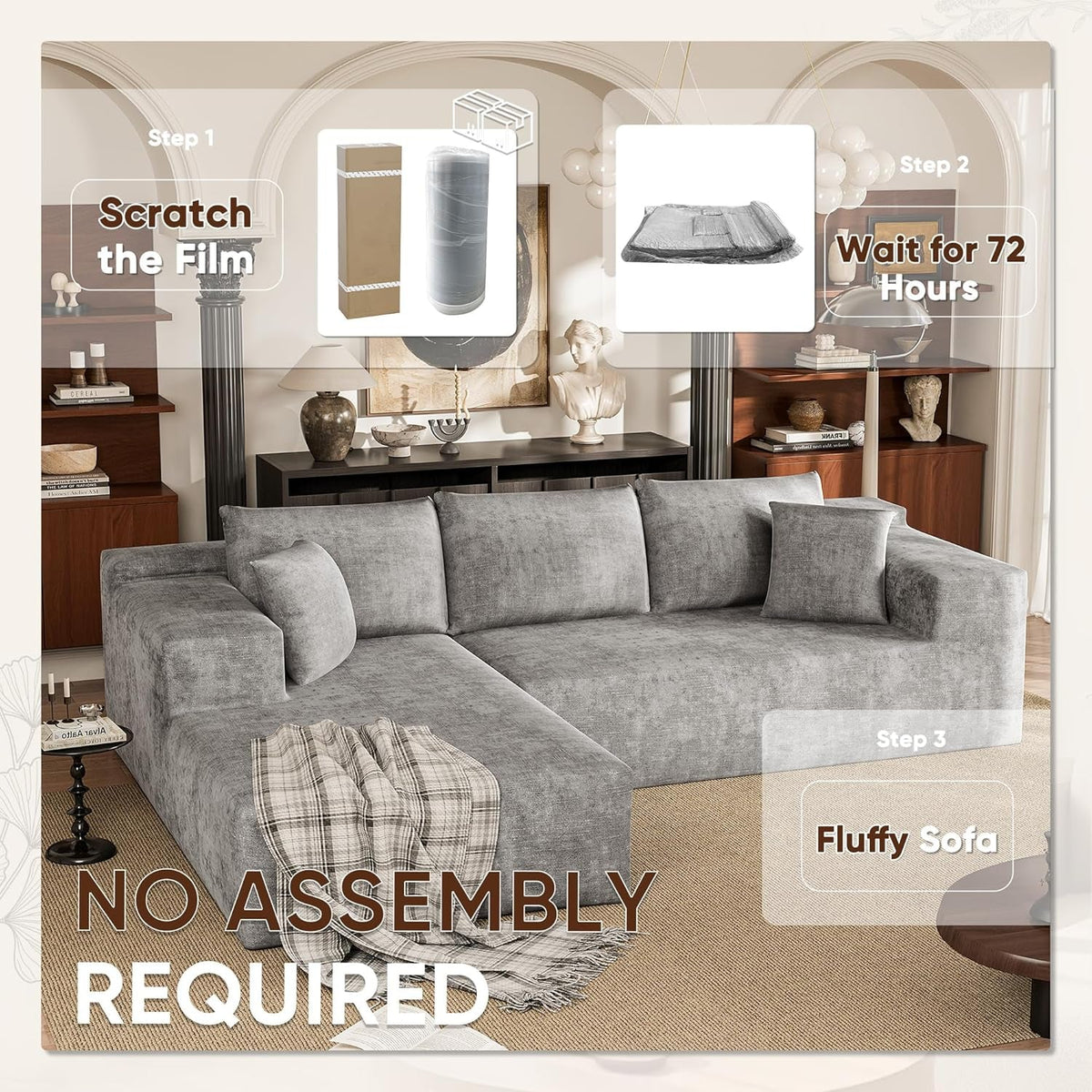 108 Inch Grey Chenille Cloud Sectional Sofa With Deep Seat by ShipItFurniture