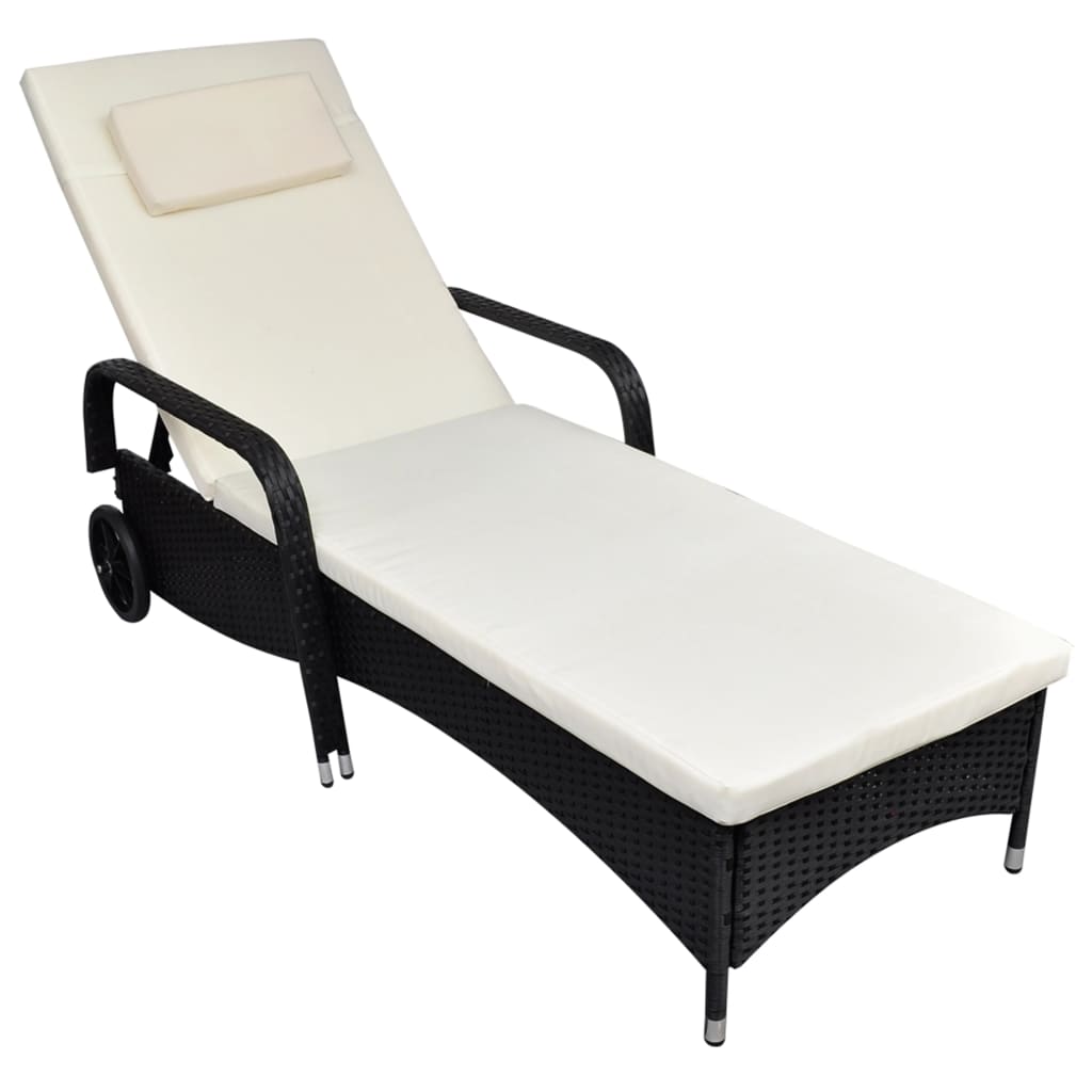 NNEVL Sun Lounger with Cushion & Wheels Poly Rattan Black by NNEVL