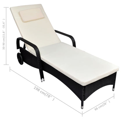 NNEVL Sun Lounger with Cushion & Wheels Poly Rattan Black by NNEVL
