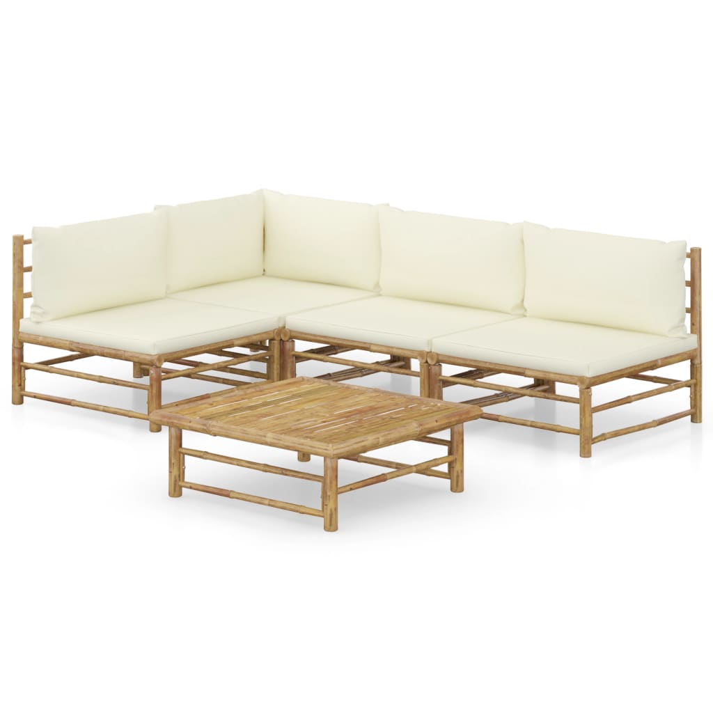 NNEVL 5 Piece Garden Lounge Set with Cream White Cushions Bamboo by NNEVL