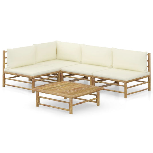 NNEVL 5 Piece Garden Lounge Set with Cream White Cushions Bamboo by NNEVL