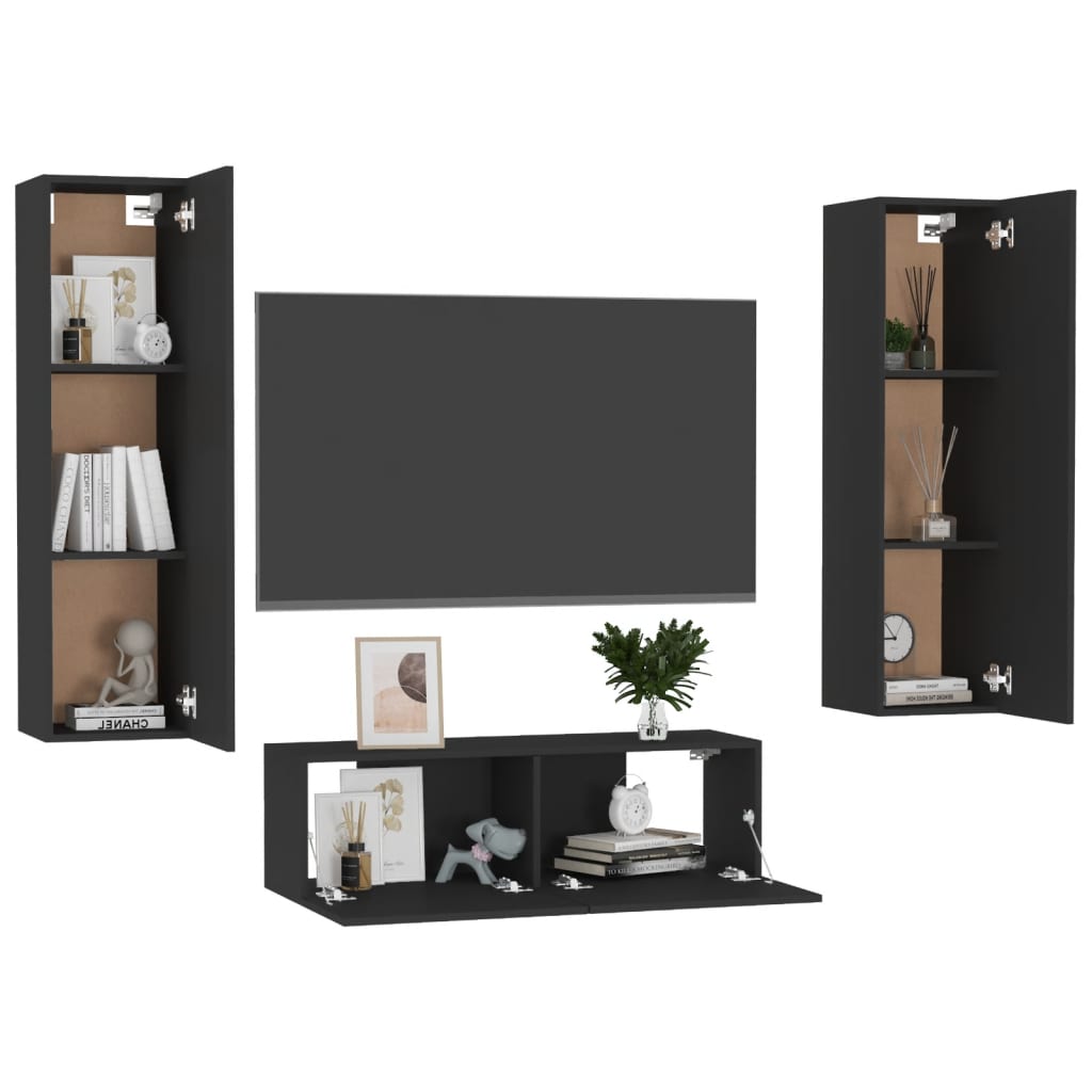 NNEVL 3 Piece TV Cabinet Set Black Chipboard by NNEVL
