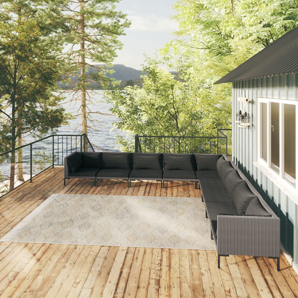 NNEVL 9 Piece Garden Lounge Set with Cushions Poly Rattan Dark Grey by NNEVL