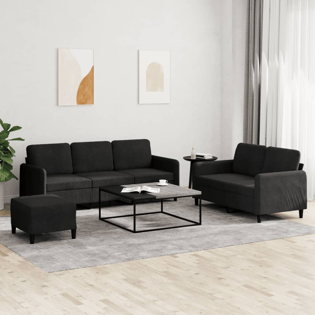 NNEVL 3 Piece Sofa Set Black Velvet by NNEVL