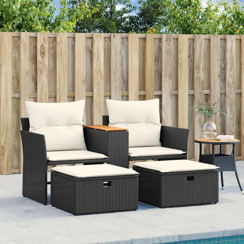 NNEVL Garden Sofa 2-Seater with Stools Black Poly Rattan by NNEVL