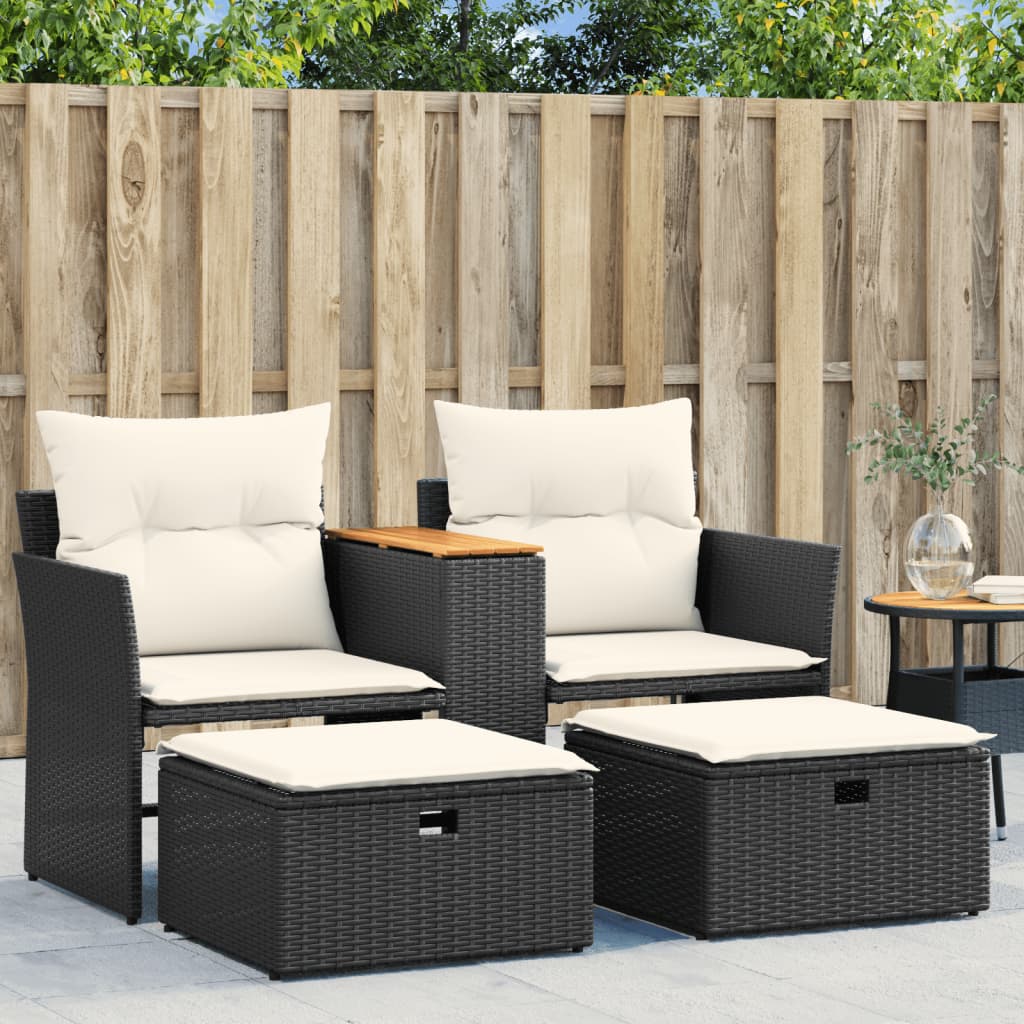NNEVL Garden Sofa 2-Seater with Stools Black Poly Rattan by NNEVL