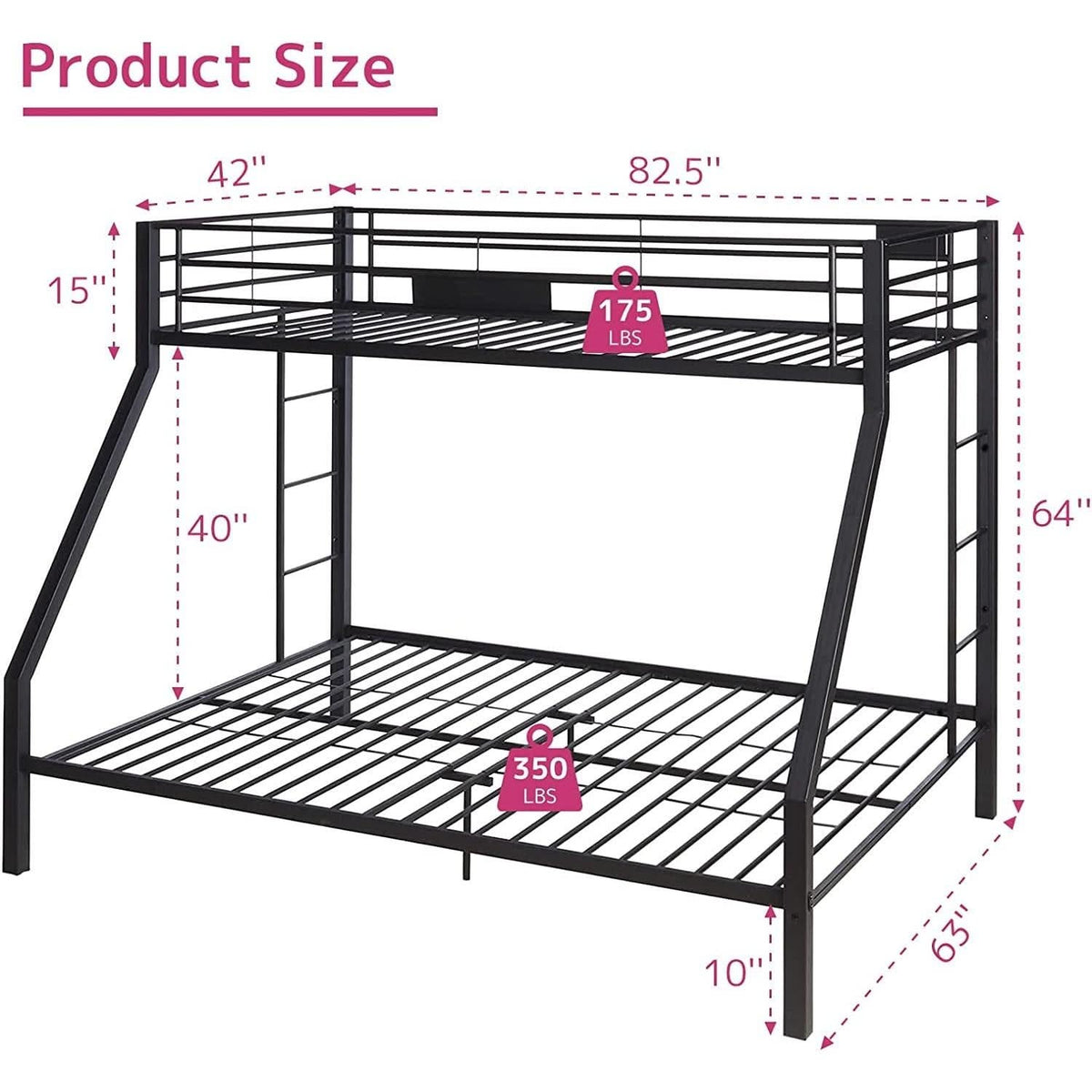 Twin XL Queen Bunk Bed In Sandy Black Finish Metal Slats by ShipItFurniture