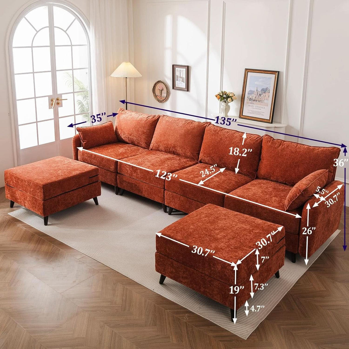 Velvet Orange 135 Modular Sectional Sofa Storage Ottoman by ShipItFurniture