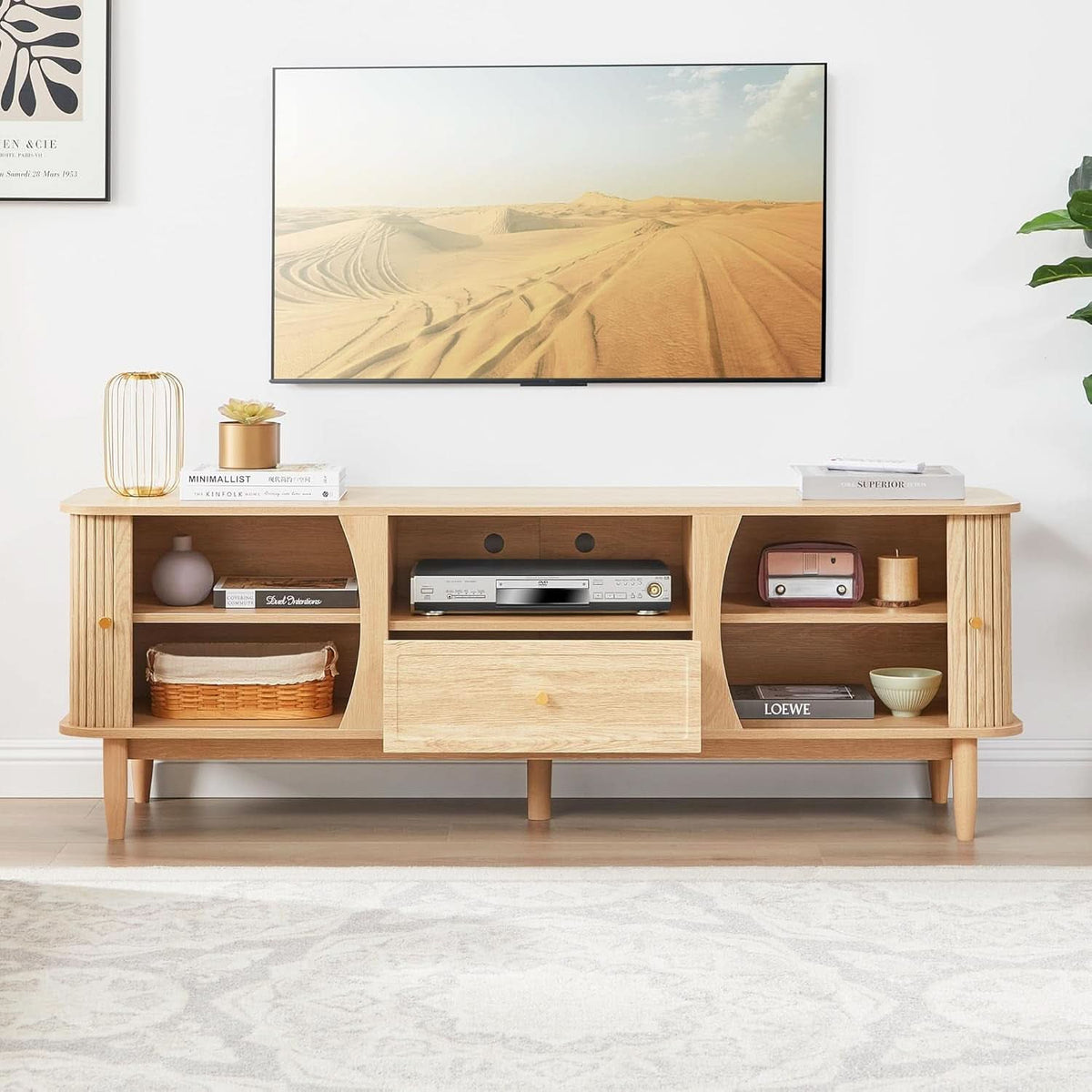 Natural Finish Entertainment Console With Sliding Door by ShipItFurniture