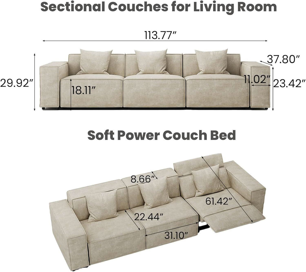 Modular Sectional Sofa With Velvet Beige Finish Recliner Compact Layout by ShipItFurniture